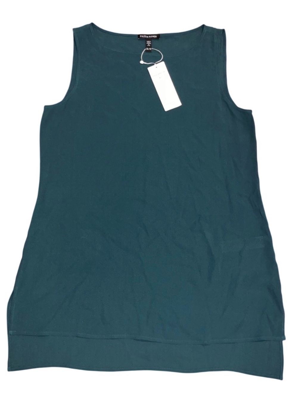 Eileen Fisher Pine Green Bateau Long Shell Sleeveless Silk Georgette XXS NWT